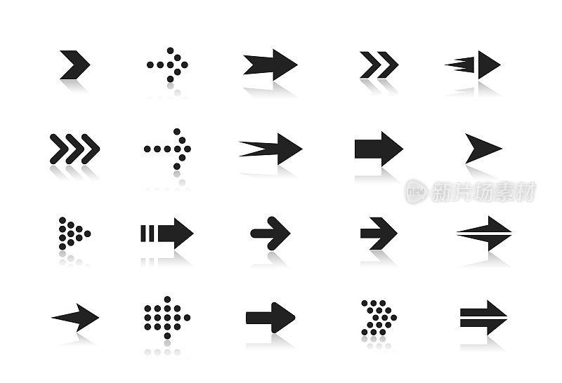 箭头黑色和白色矢量图标设置。圆形和矩形孤立符号中的指针包。Next, forward, previous按钮单色标志bundle。游标象形图集合